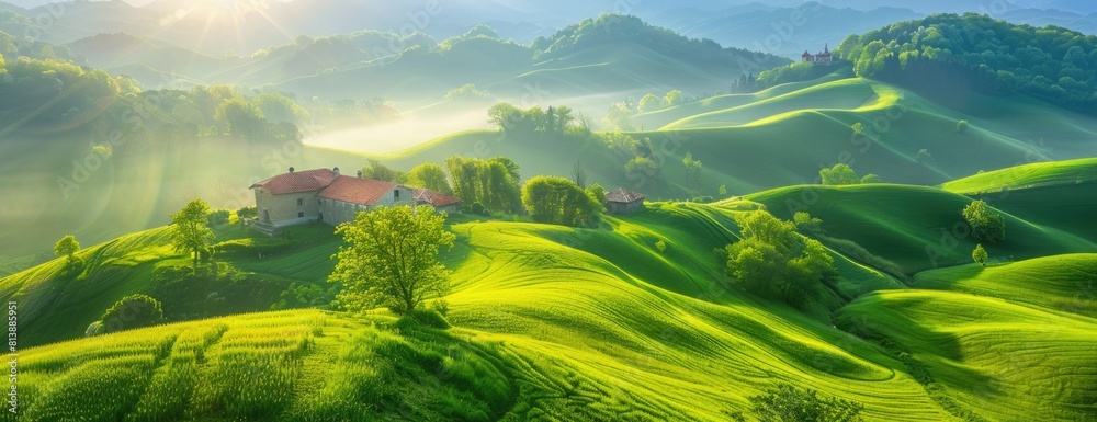 Idyllic Rural Landscape with Winding Hills and Early Morning Fog Idyllic Rural Landscape with Winding Hills and Early Morning Fog