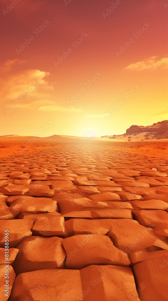 Obraz premium A cracked desert floor with a setting sun in the distance