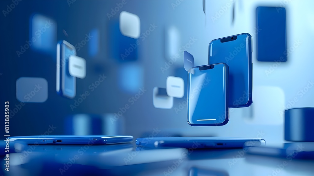 Naklejka premium Futuristic Blue Toned Floating Chat Popups on Mobile Phone Display