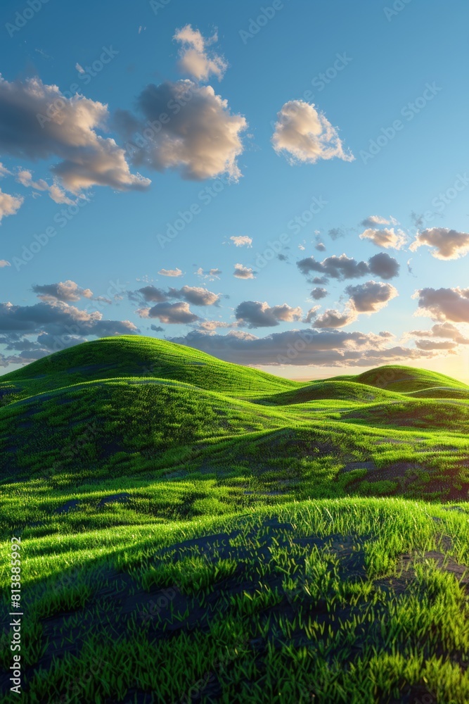 Sunset Over Verdant Rolling Hills with Dramatic Cloudy Sky