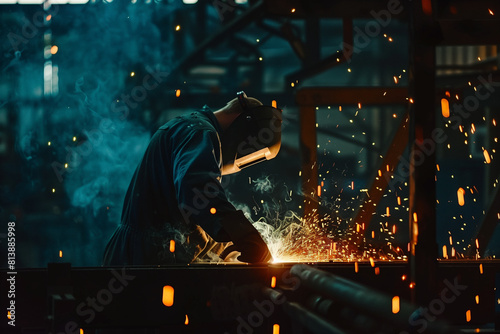 Workers wearing industrial uniforms and Welded Iron Mask