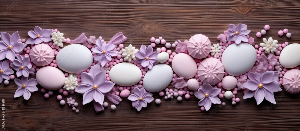 A top down view of sugar coated flowers lilac meringues and pink gingerbread shaped like eggs laid out on a brown wooden surface The image offers copy space
