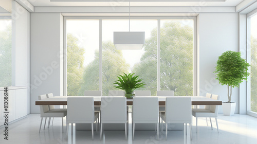 Bright airy white modern dining room with large windows and green plants photo