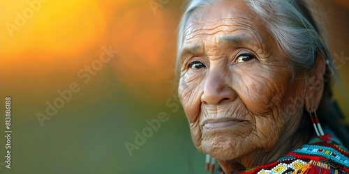 Closeup portrait of elderly Native American woman with wrinkles at sunset. Concept Portrait Photography  Elderly Woman  Native American  Wrinkles  Sunset Theme
