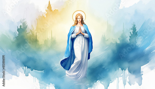 Assumption of the Blessed Mary holiday concept, watercolor art style, copyspace on a side photo