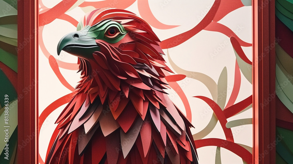 Red and green origami style illustration of a phoenix rising from the ...