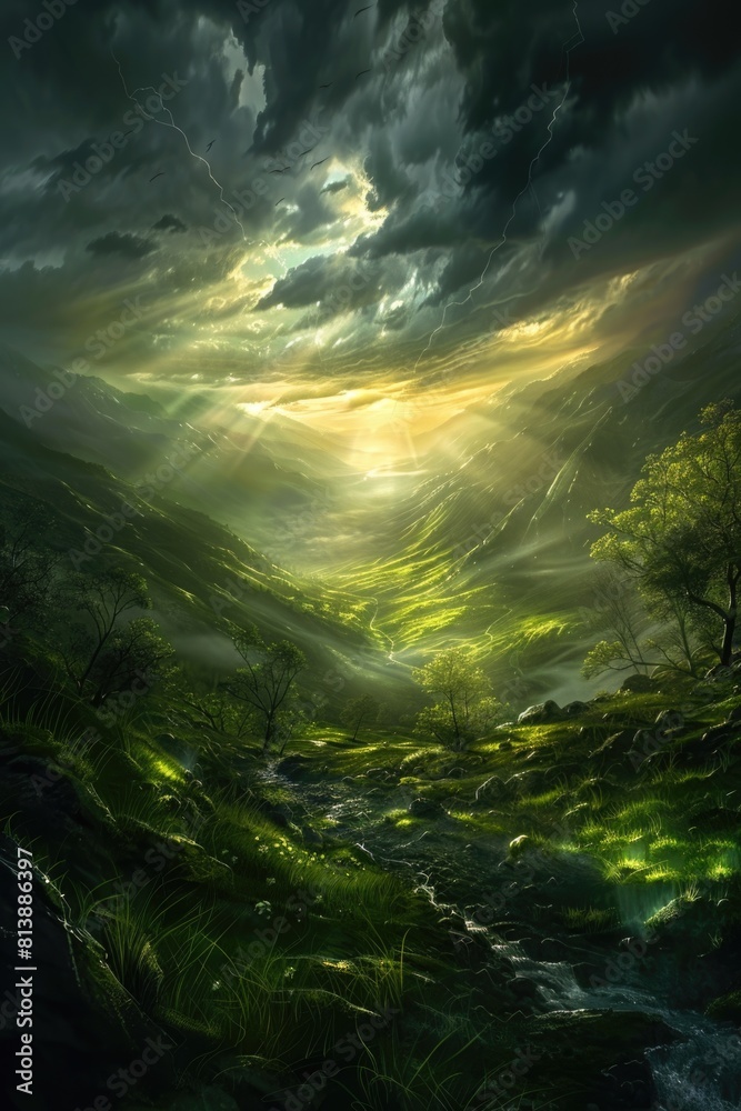 Fantasy Landscape of a Lush Green Valley Under a Dramatic Thunderstorm
