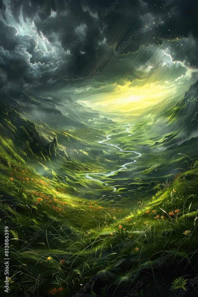Fantasy Landscape of a Lush Green Valley Under a Dramatic Thunderstorm Fantasy Landscape of a Lush Green Valley Under a Dramatic Thunderstorm