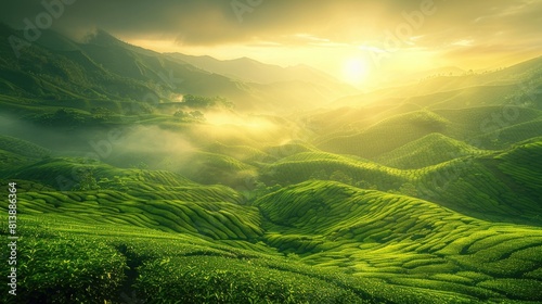 Sunrise Over Misty Tea Plantations in Lush Green Hills © Landscape Planet