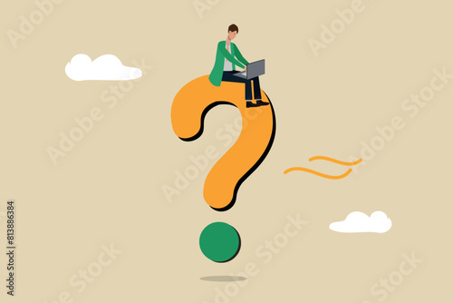Observing questions or new business opportunities, searching for answers and success, Searching man with laptop sitting on question mark.
