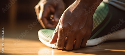 Indoor closeup of a man inserting an orthopedic insole into his shoe Provides copy space for text photo