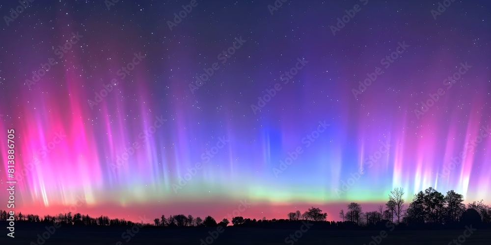 Vivid aurora lights up the night sky with bursts of color. Concept Northern Lights, Aurora Borealis, Natural Phenomenon, Night Sky Display, Spectacular Light Show