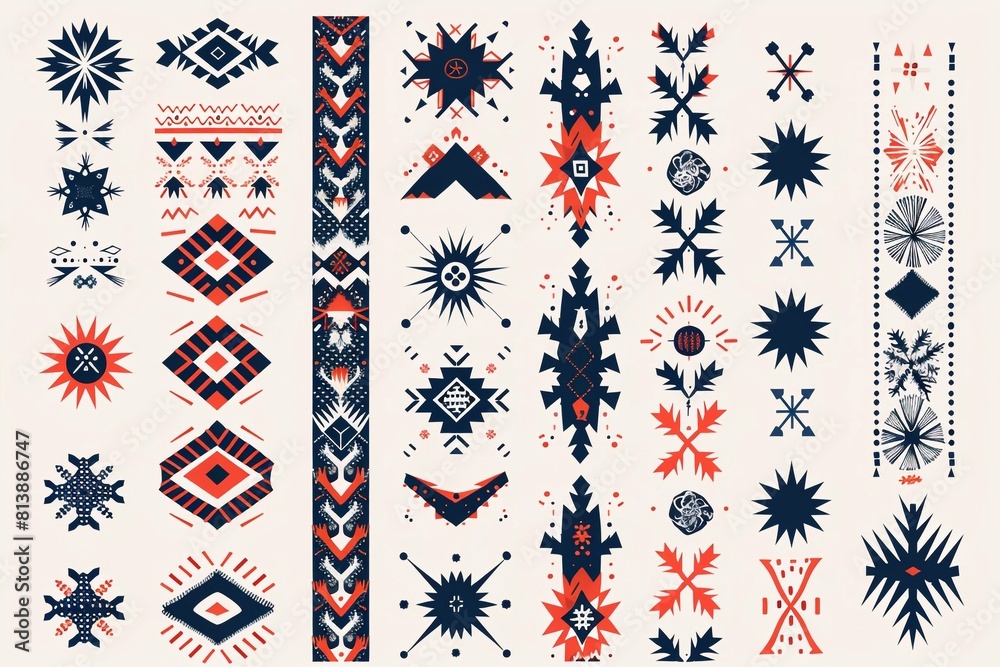 Set of vector illustrations featuring traditional Nordic ethnic patterns, showcasing geometric shapes, folklore motifs, and cultural designs Set of vector illustrations featuring traditional Nordic ethnic patterns, showcasing geometric shapes, folklore motifs, and cultural designs