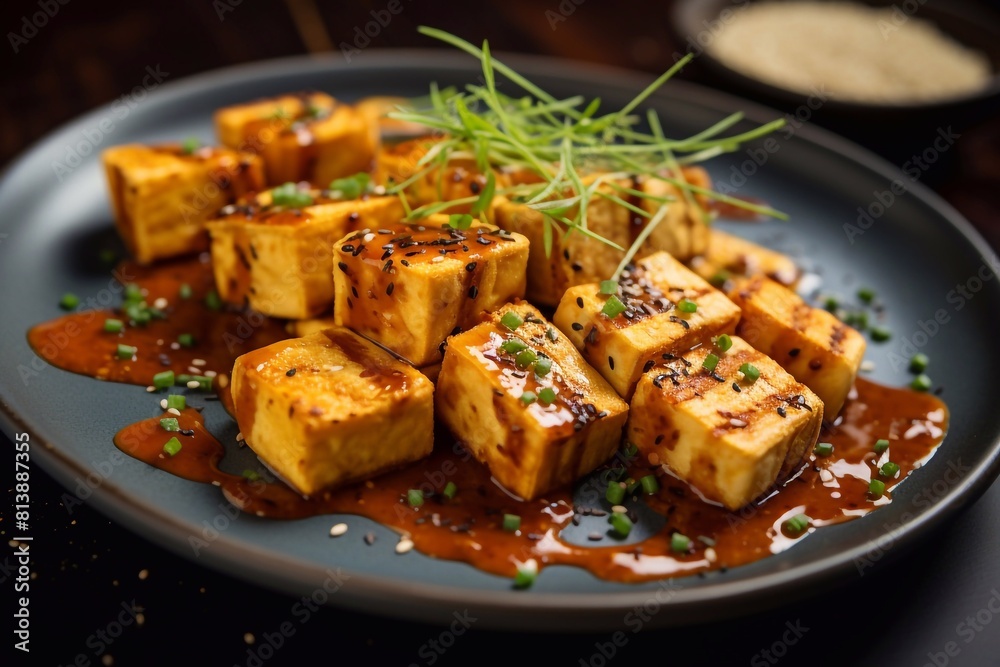 On a white plate, hot, fragrant skewers of grilled tofu and a delicate cheese accompaniment, decorated with sauce, creating a wonderful combination of flavors and textures. On a white plate, hot, fragrant skewers of grilled tofu and a delicate cheese accompaniment, decorated with sauce, creating a wonderful combination of flavors and textures.