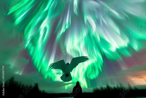 Person under aurora borealis with eagle silhouette