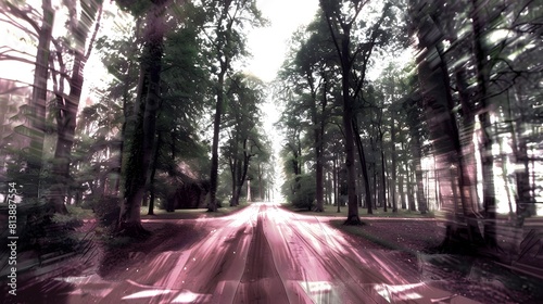 Enchanting Forest Road with Dreamlike Filters and Whimsical Brushstrokes photo