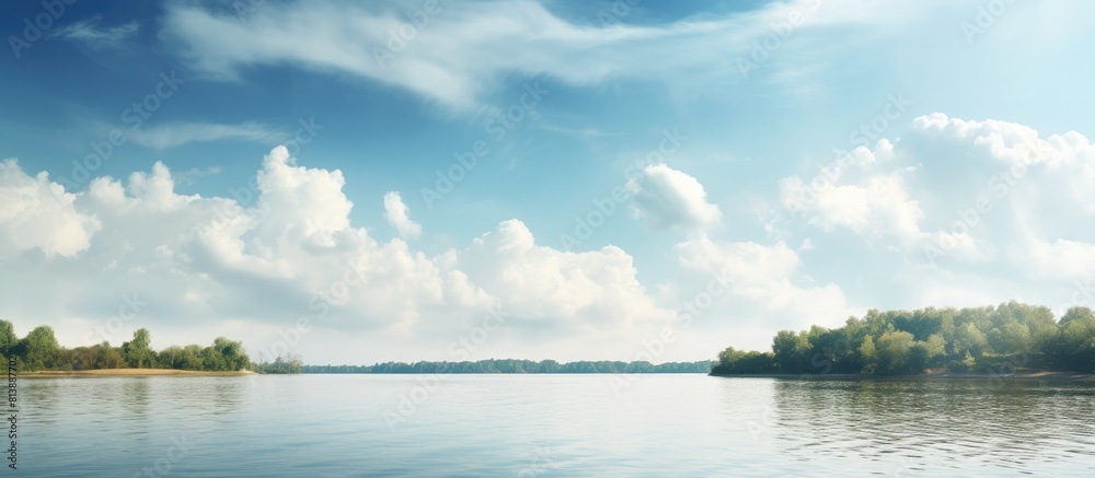 A serene river reflects the smooth waves of the surface against a backdrop of blue sky and white textures This captivating image evokes a sense of nature relaxation and travel with a vintage tone and A serene river reflects the smooth waves of the surface against a backdrop of blue sky and white textures This captivating image evokes a sense of nature relaxation and travel with a vintage tone and