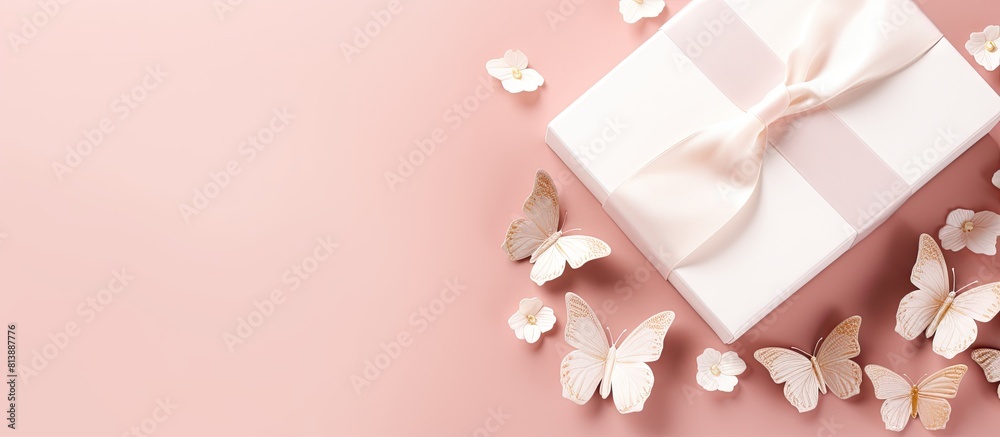 A pink background with a white tulip flower decorative butterflies a gift box and a paper card This image is perfect for a women s or mother s day greeting card Plenty of space to add your own person A pink background with a white tulip flower decorative butterflies a gift box and a paper card This image is perfect for a women s or mother s day greeting card Plenty of space to add your own person