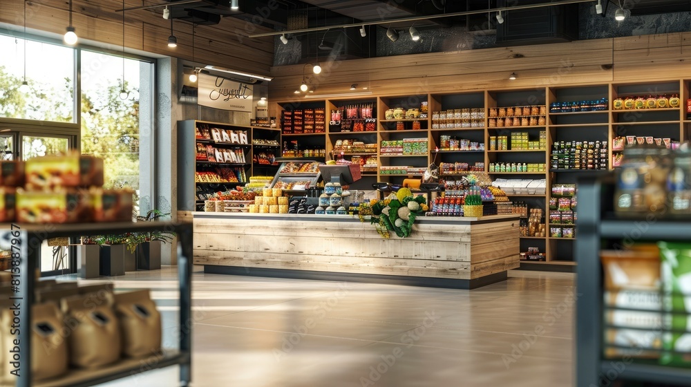 3d render of modern grocery store interior with wooden shelves full of products, food and snacks on the counter, shopping concept, wide angle shot,