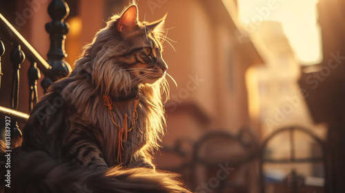A ginger cat with long hair is sitting on a fence in the sunlight, looking off to the side, with a warm and happy expression on its face. photo