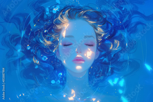 Serene Submerged Beauty Portrait: Woman with Flowing Hair in Clear Water