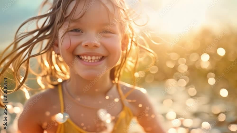 A happy little cute girl playing in the water on the seaside beach in summer With the water at sea full of laughter and adventure. Enjoy your vacation and the sea. A happy little cute girl playing in the water on the seaside beach in summer With the water at sea full of laughter and adventure. Enjoy your vacation and the sea.