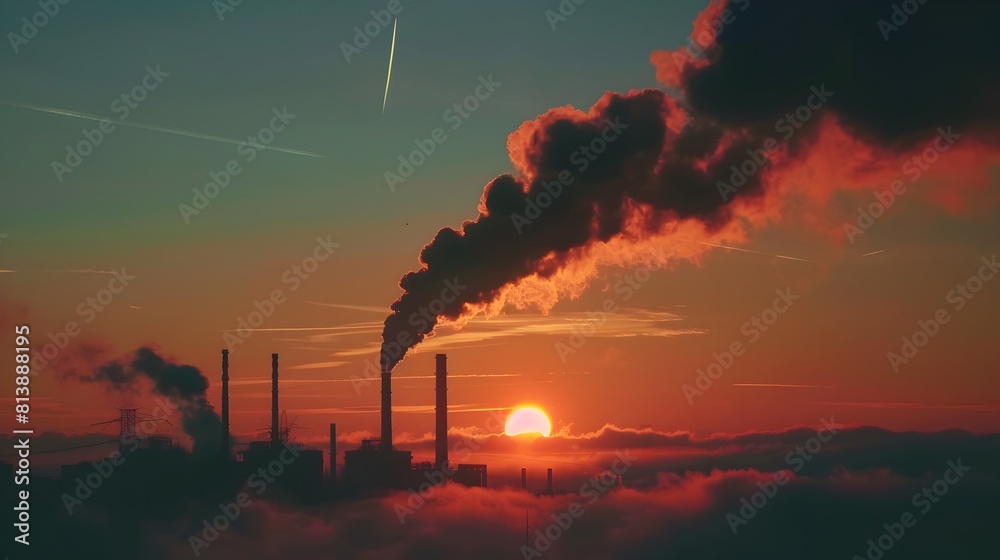 Silhouetted Industrial Chimney at Dramatic Sunset Landscape