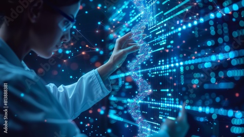 A medical researcher analyzing genomic data with AI algorithms to identify potential treatment targets for precision medicine approaches, paving the way for personalized therapies.