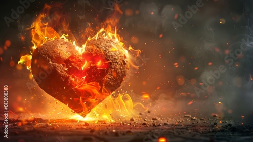 A heart made of fire is surrounded by a cloud of smoke and ash