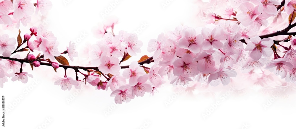 Fototapeta premium A stunning copy space image of cherry blossoms in full bloom during the spring season set against a pristine white backdrop