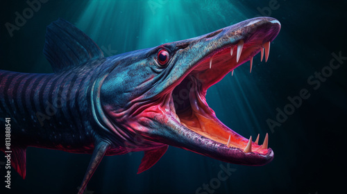 A realistic 3D illustration of a fierce looking toothy prehistoric fish with blue and purple scales and a gaping mouth full of sharp white teeth on a dark blue background with a spotlight. photo