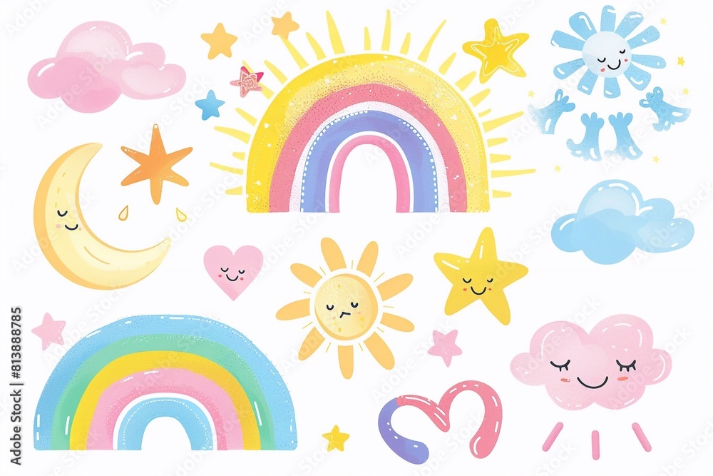 Cute pastel rainbow set with cloud,sun,star,heart illustration for sticker, postcard, birthday invitation. Editable element Cute pastel rainbow set with cloud,sun,star,heart illustration for sticker, postcard, birthday invitation. Editable element