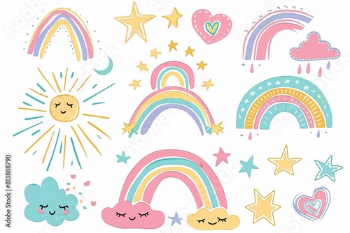 Cute pastel rainbow set with cloud,sun,star,heart illustration for sticker, postcard, birthday invitation. Editable element 