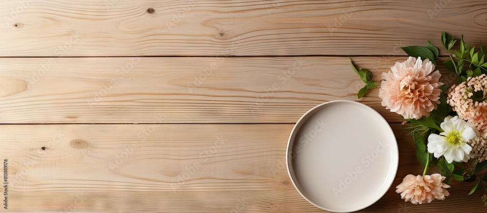 The light wooden background features a stylish and simple table setting accompanied by beautiful flowers A copy space image that exudes elegance and simplicity The light wooden background features a stylish and simple table setting accompanied by beautiful flowers A copy space image that exudes elegance and simplicity