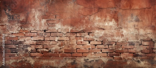 The distressed surface of an old brick wall with peeling paint gives the impression of a grungy shabby building facade This grunge red stonewall background forms an abstract web banner with ample cop