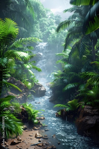 Rainforest Sanctuary  Waterfall Oasis Amidst Lush Greenery