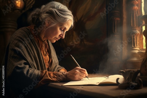 Serene aged lady pens her thoughts on paper with warm ambient lighting
