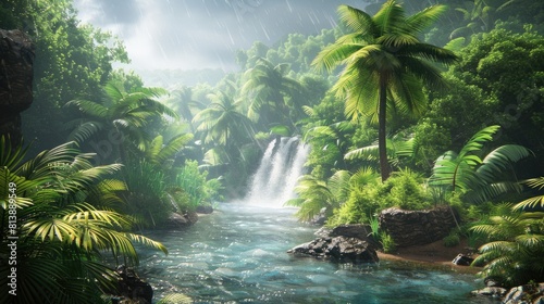 Rainforest Sanctuary: Waterfall Oasis Amidst Lush Greenery