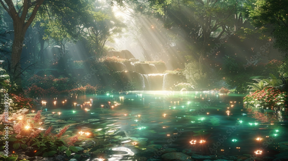 Obraz premium Magical Rainforest Oasis with Cascading Waterfalls and Luminous Glow
