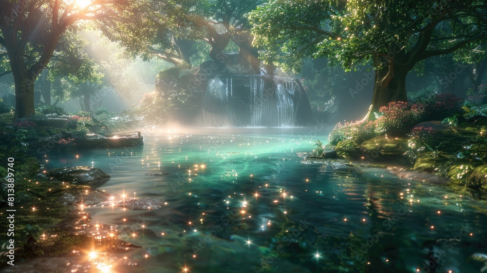 Enchanted Forest Waterfall with Sunlight and Floating Lights