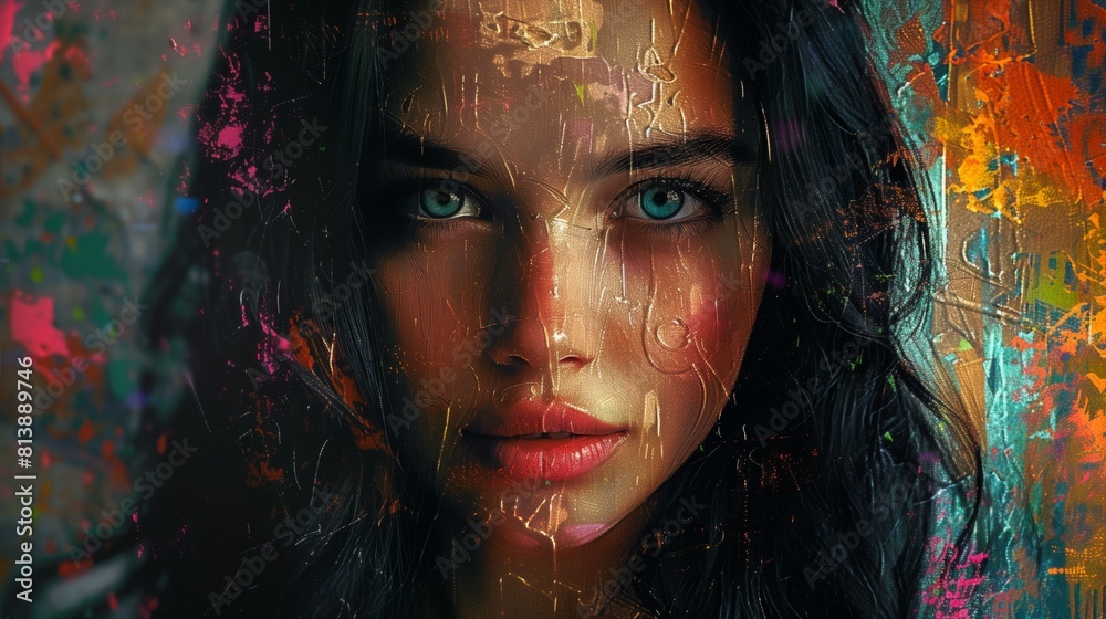 A painting depicting a woman with striking blue eyes, captured with intricate detail and realism A painting depicting a woman with striking blue eyes, captured with intricate detail and realism