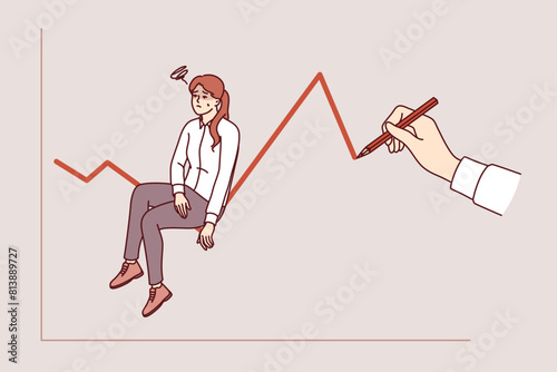 Business crisis for female manager sitting on unstable chart, near hand with pencil. Graph of sharp decrease in profitability and volatility caused by financial and economic crisis