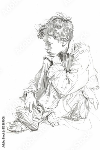 Loose Gestural Continuous Line sketch, poverty London in the year 1830, Victorian workhouse, 10 year old boys, white background, minimal --ar 2:3 --style raw  photo