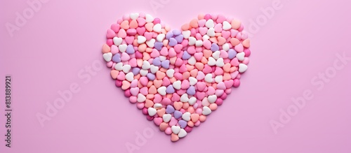A heart shaped confectionery sprinkle is placed in the center of a pastel pink background to create a Valentine s card The top view provides ample copy space for text