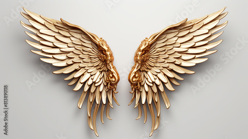 Minimalistic Art Of Gold And White or Cream Feathered Wings On White Background