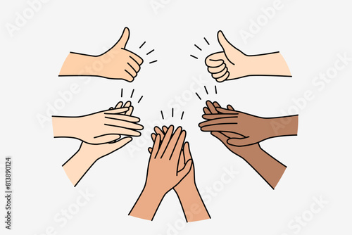 Hands of people applauding and showing thumbs up as sign of respect and support for speaker. Multiracial fans applaud admiring idol or demonstrating gratitude and recognizing victory of athlete