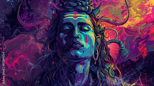Depiction of Shiva with his traditional attributes, encircled by a psychedelic-style vivid halo photo