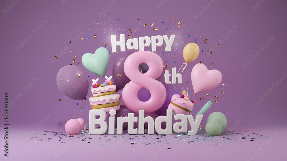 Minimalist 3D Pastel theme Happy 8th Birthday Background With