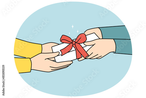 Closeup of people congratulating with wrapped present with bow. Person greeting friend with gift. Birthday or special occasion congratulation with giftbox. Vector illustration.