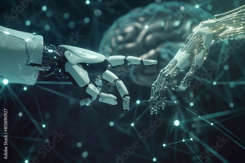 Robot hand 3D and human hand touch in artificial intelligence brain on big data network connection background. Matrix animation or big data processing,3D rendering graphic #813890927
